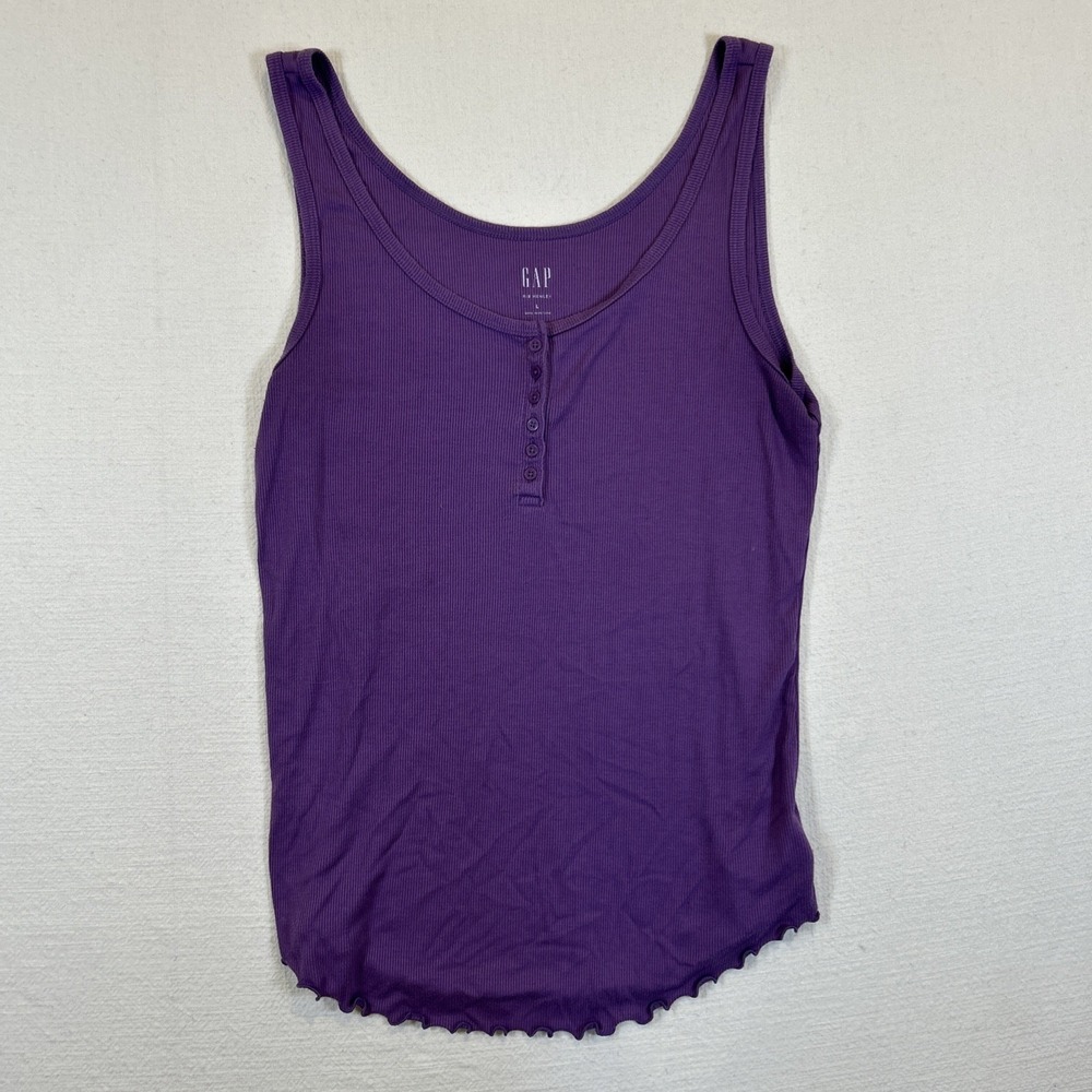 Gap Women Tank Top Rib Henley Purple Scalloped Bottom Large